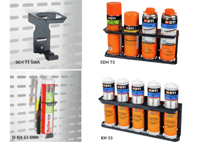 Sortimo Support aérosol SKH 73 SWA (1 aérosol) Ø 73 mm ref: 1000003925 (4 aerosol) SDH 73 solo ref: 1000019515, GL4 ref: 1000019517, SR5 ref: 1000018388 Support pour cartouche silicone Ø 53 mm (1 cartouche) SI KH 53 SWA ref: 1000003924 (5 cartouches) KH 53 solo ref: 1000019514 GL4 ref: 1000019516, SR5 ref: 1000018387